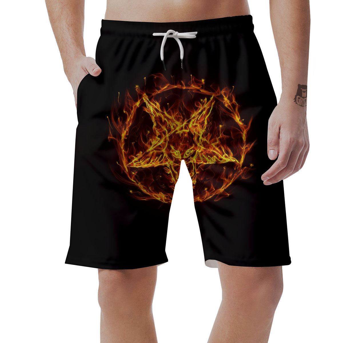 Pentagram Satanic Flame Print Men's Shorts-grizzshop