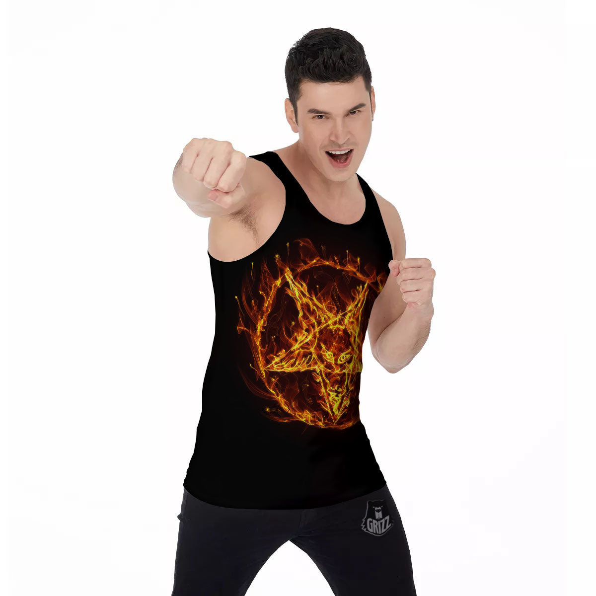 Pentagram Satanic Flame Print Men's Tank Top-grizzshop