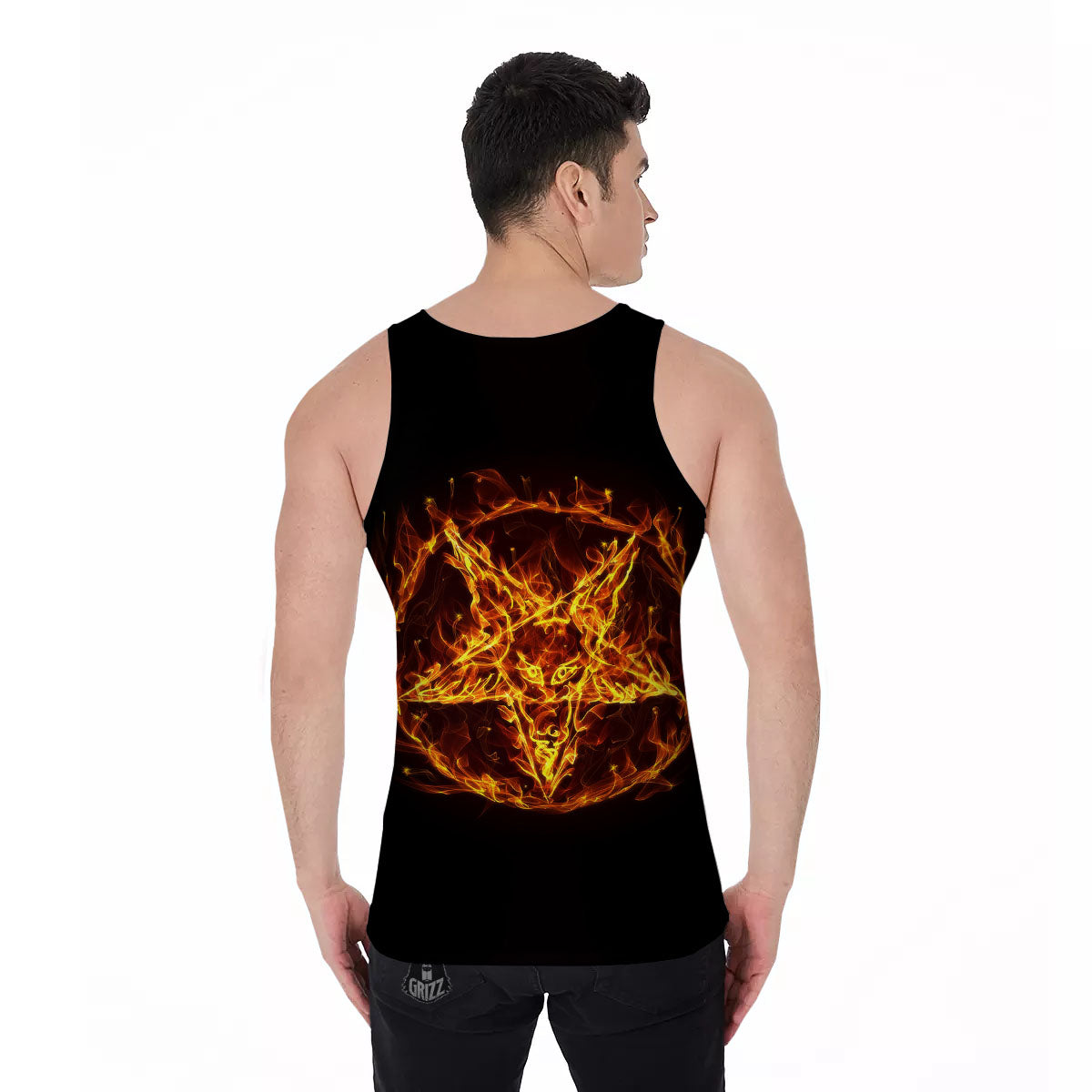 Pentagram Satanic Flame Print Men's Tank Top-grizzshop