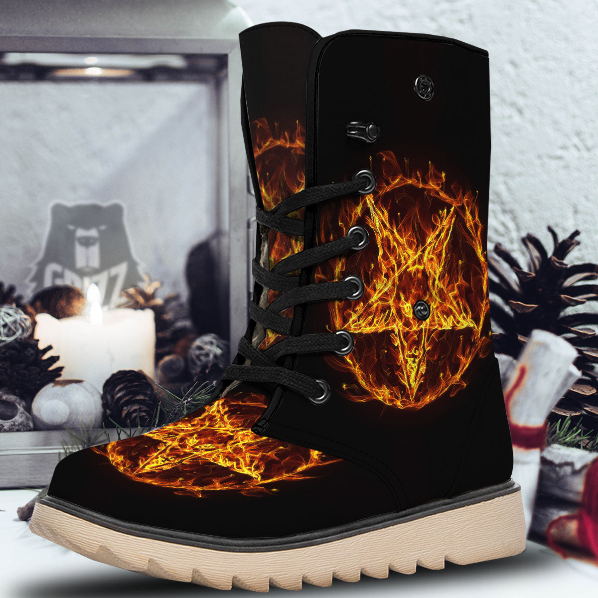 Pentagram Satanic Flame Print Snow Boots-grizzshop