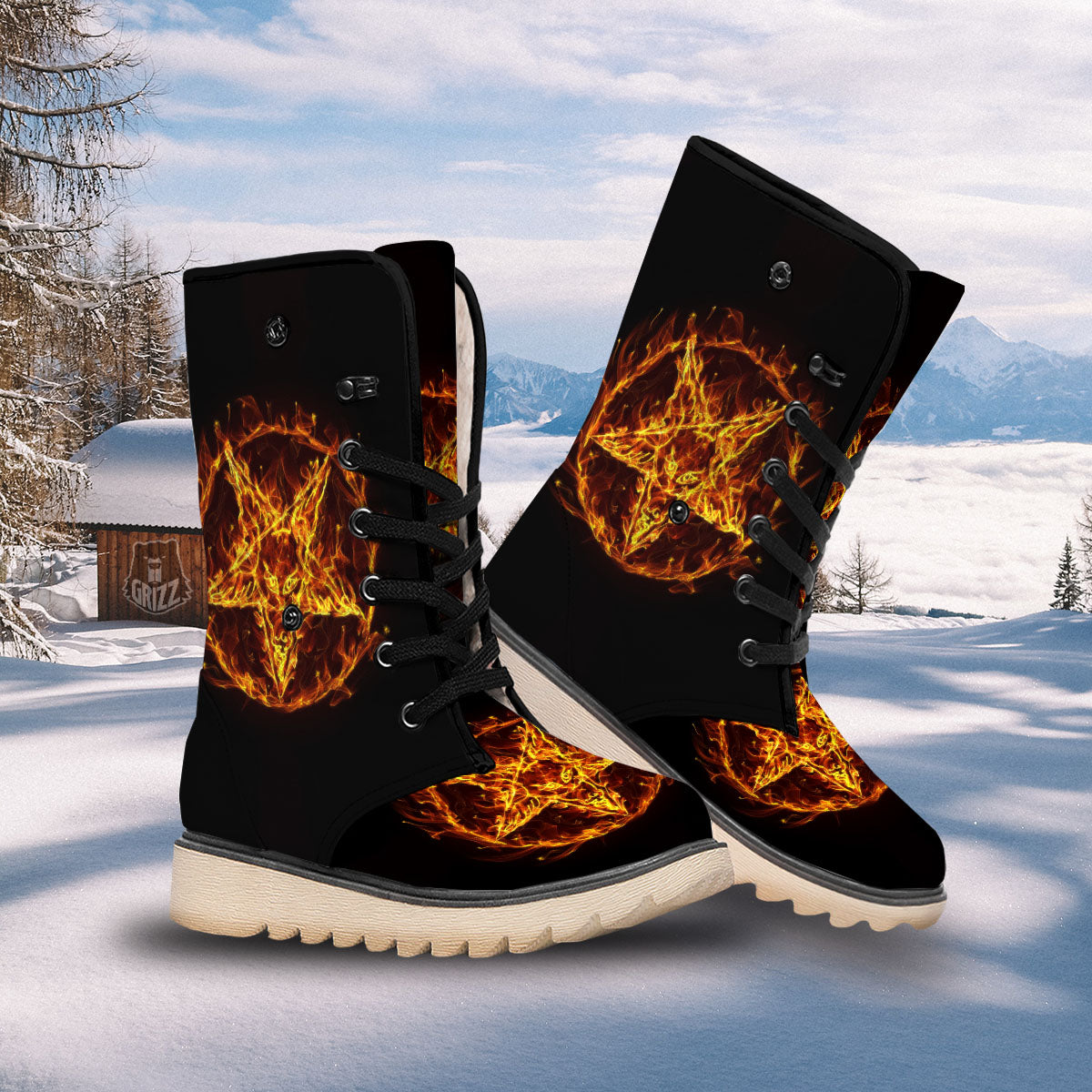 Pentagram Satanic Flame Print Snow Boots-grizzshop