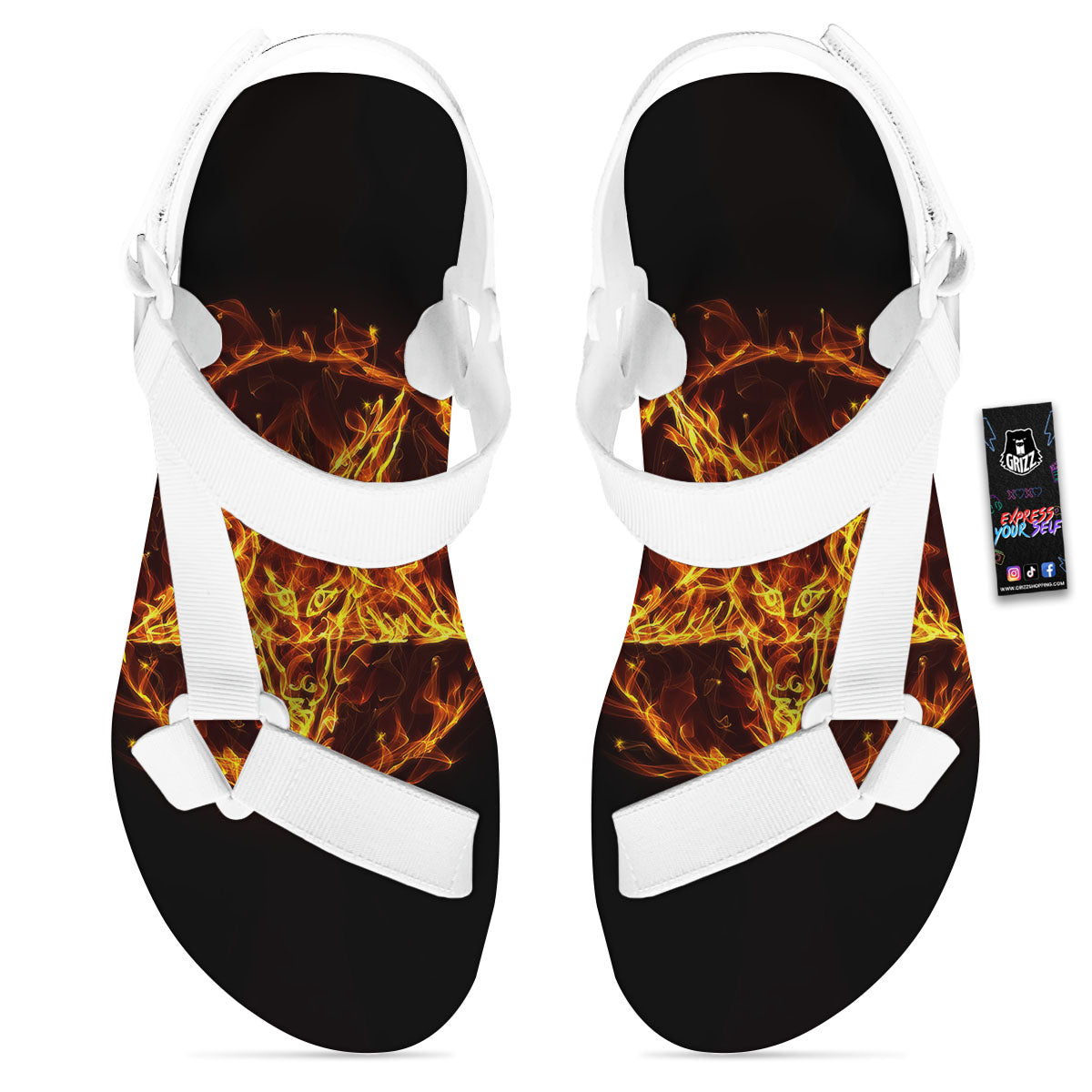 Pentagram Satanic Flame Print White Open Toe Sandals-grizzshop