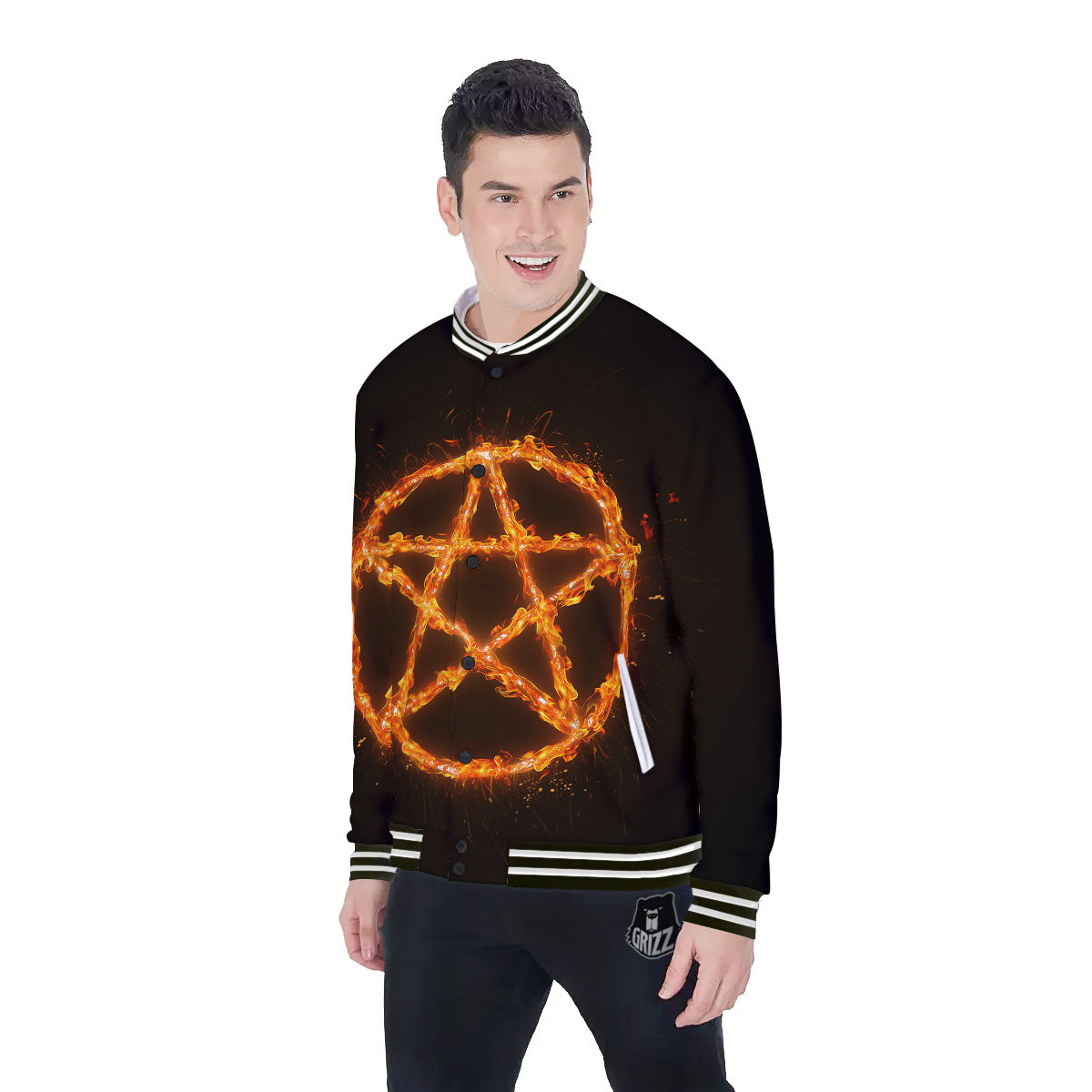 Pentagram Symbol Flaming Print Baseball Jacket-grizzshop