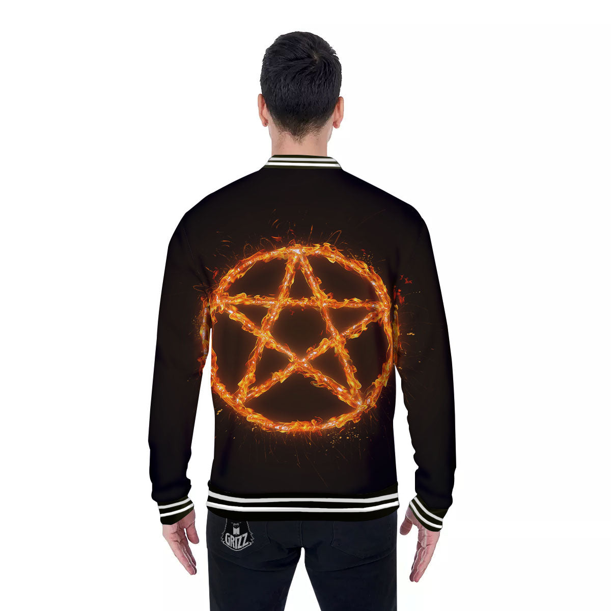 Pentagram Symbol Flaming Print Baseball Jacket-grizzshop