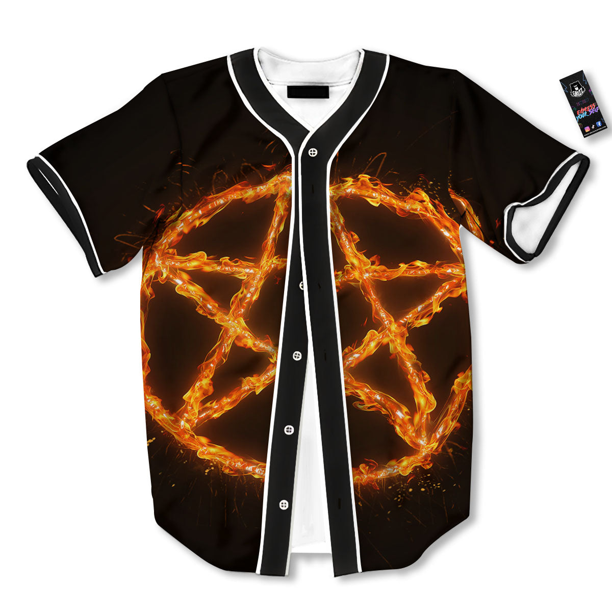Pentagram Symbol Flaming Print Baseball Jersey-grizzshop