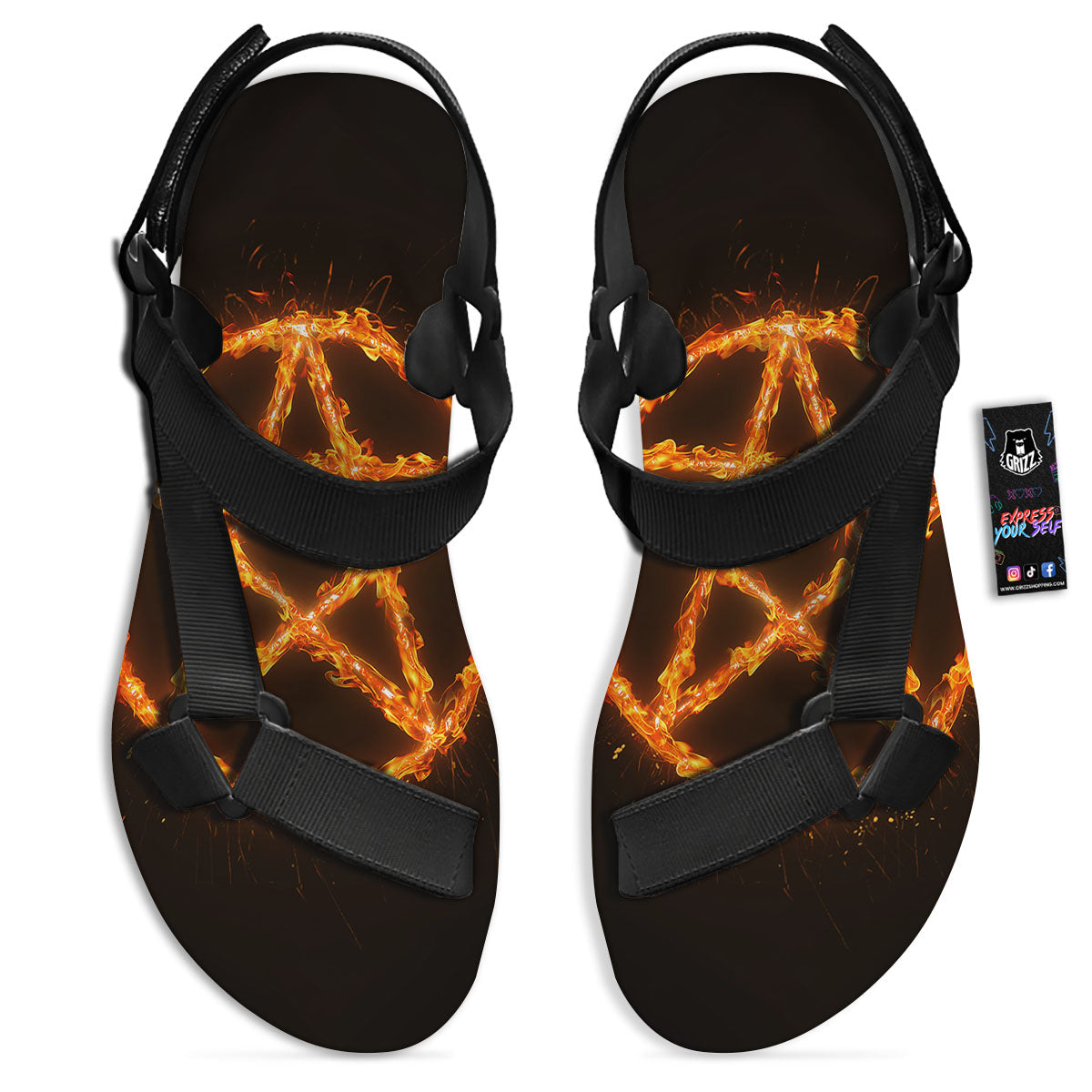 Pentagram Symbol Flaming Print Black Open Toe Sandals-grizzshop