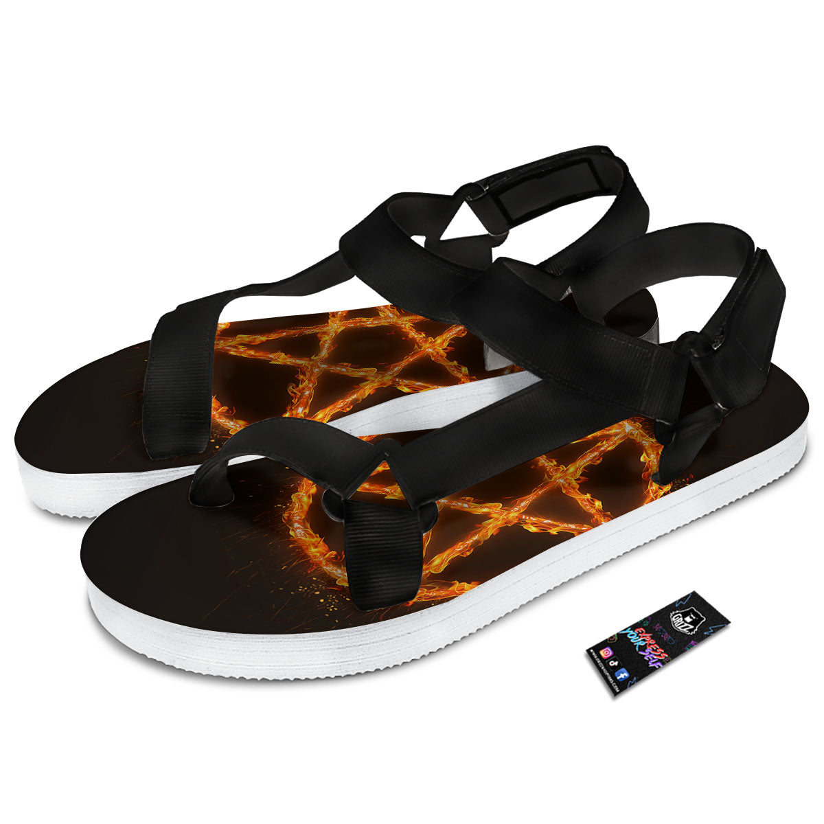 Pentagram Symbol Flaming Print Black Open Toe Sandals-grizzshop