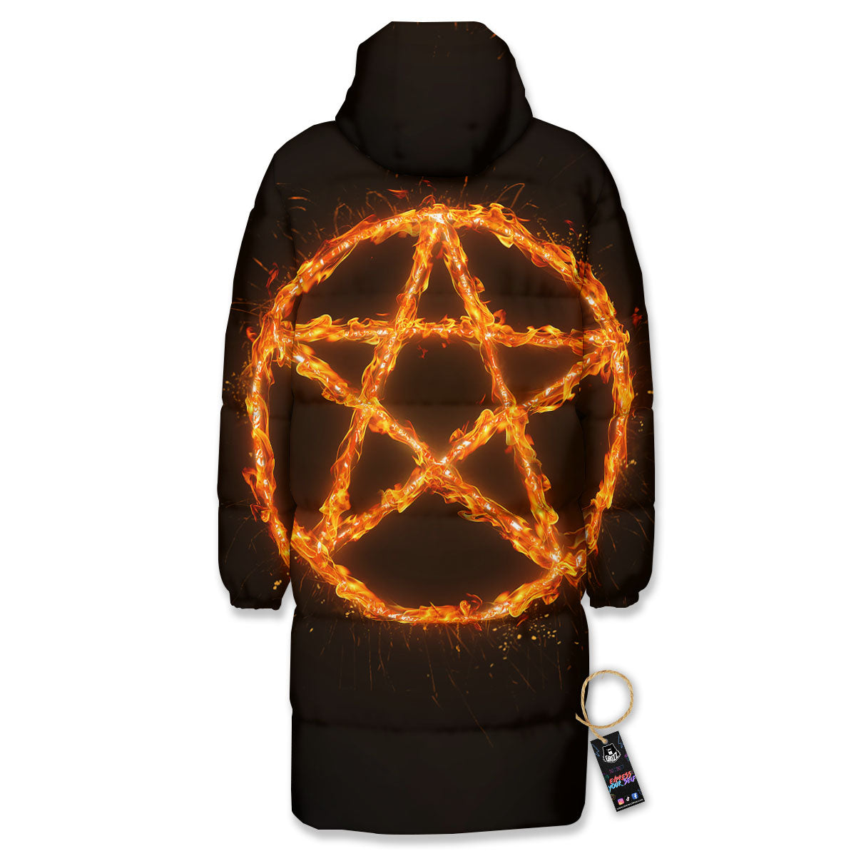 Pentagram Symbol Flaming Print Long Down Jacket-grizzshop