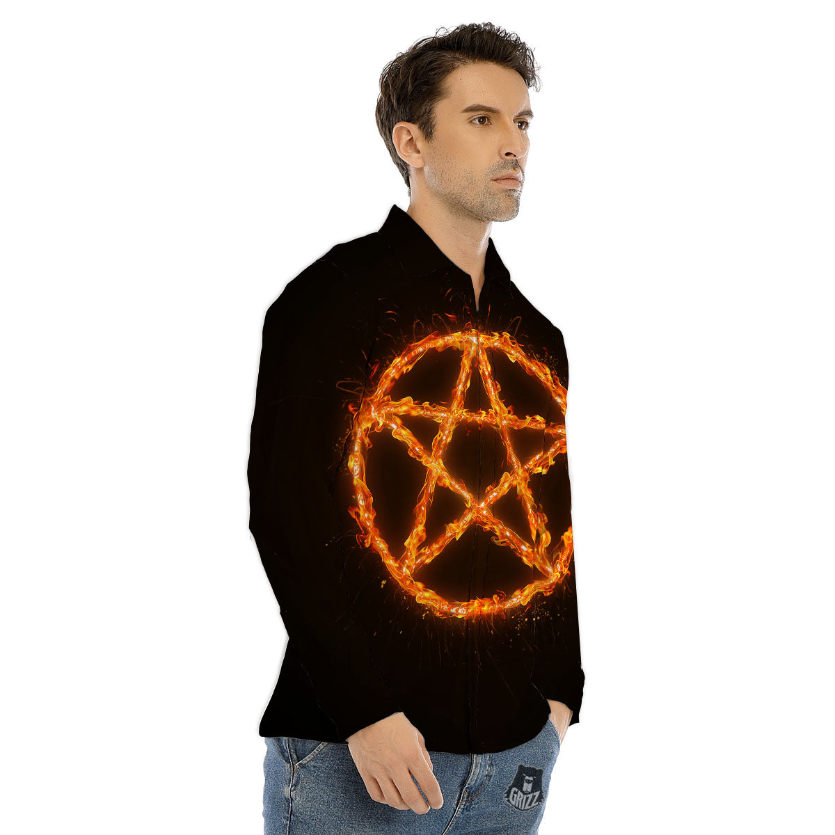 Pentagram Symbol Flaming Print Men's Dress Shirts-grizzshop