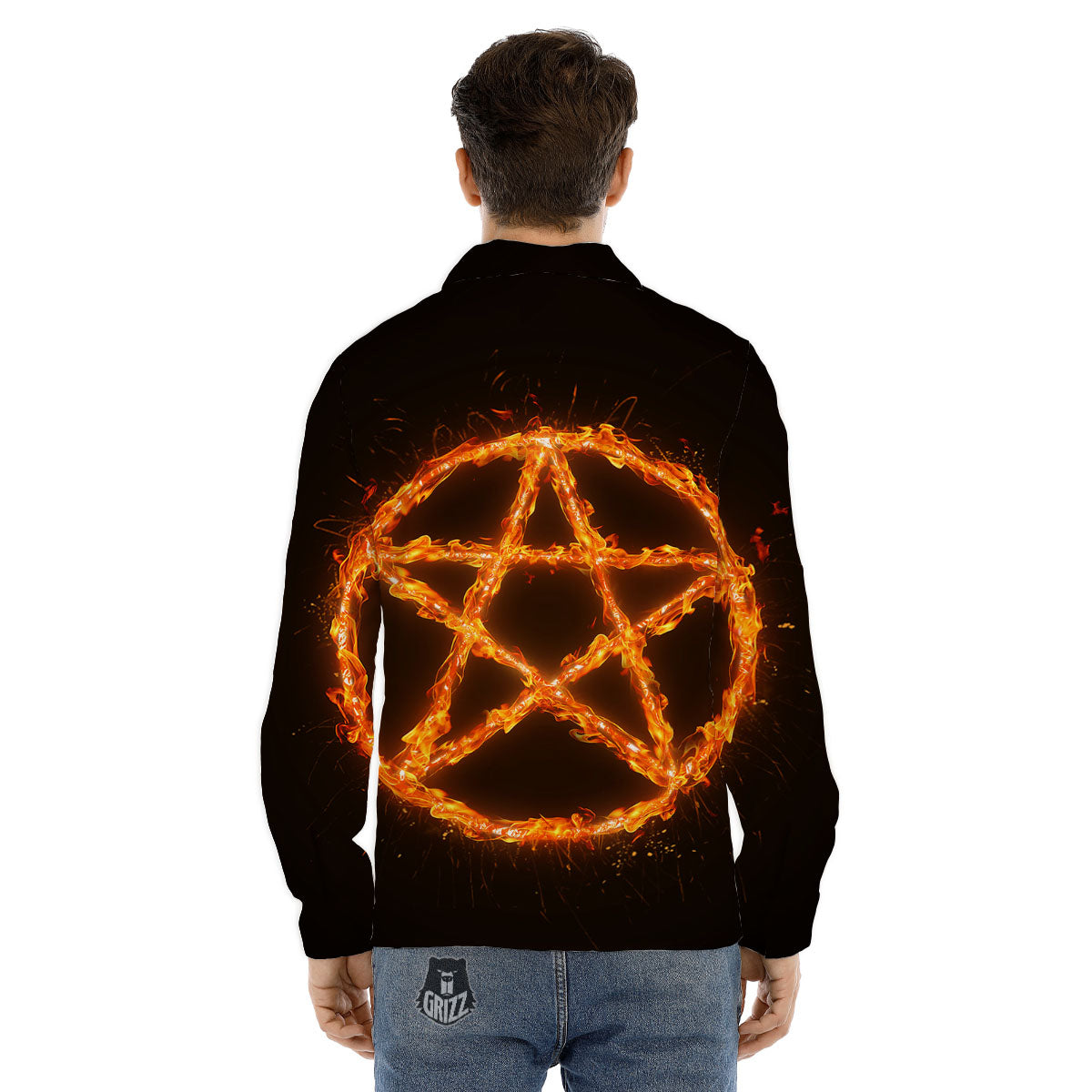 Pentagram Symbol Flaming Print Men's Dress Shirts-grizzshop