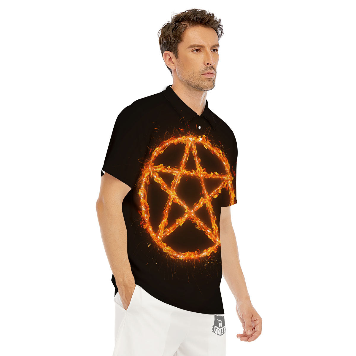 Pentagram Symbol Flaming Print Men's Golf Shirts-grizzshop