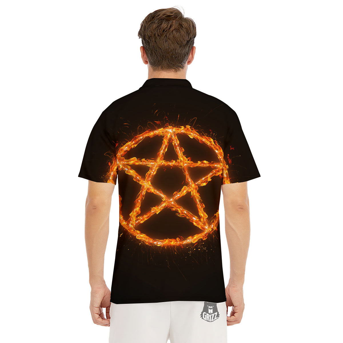 Pentagram Symbol Flaming Print Men's Golf Shirts-grizzshop