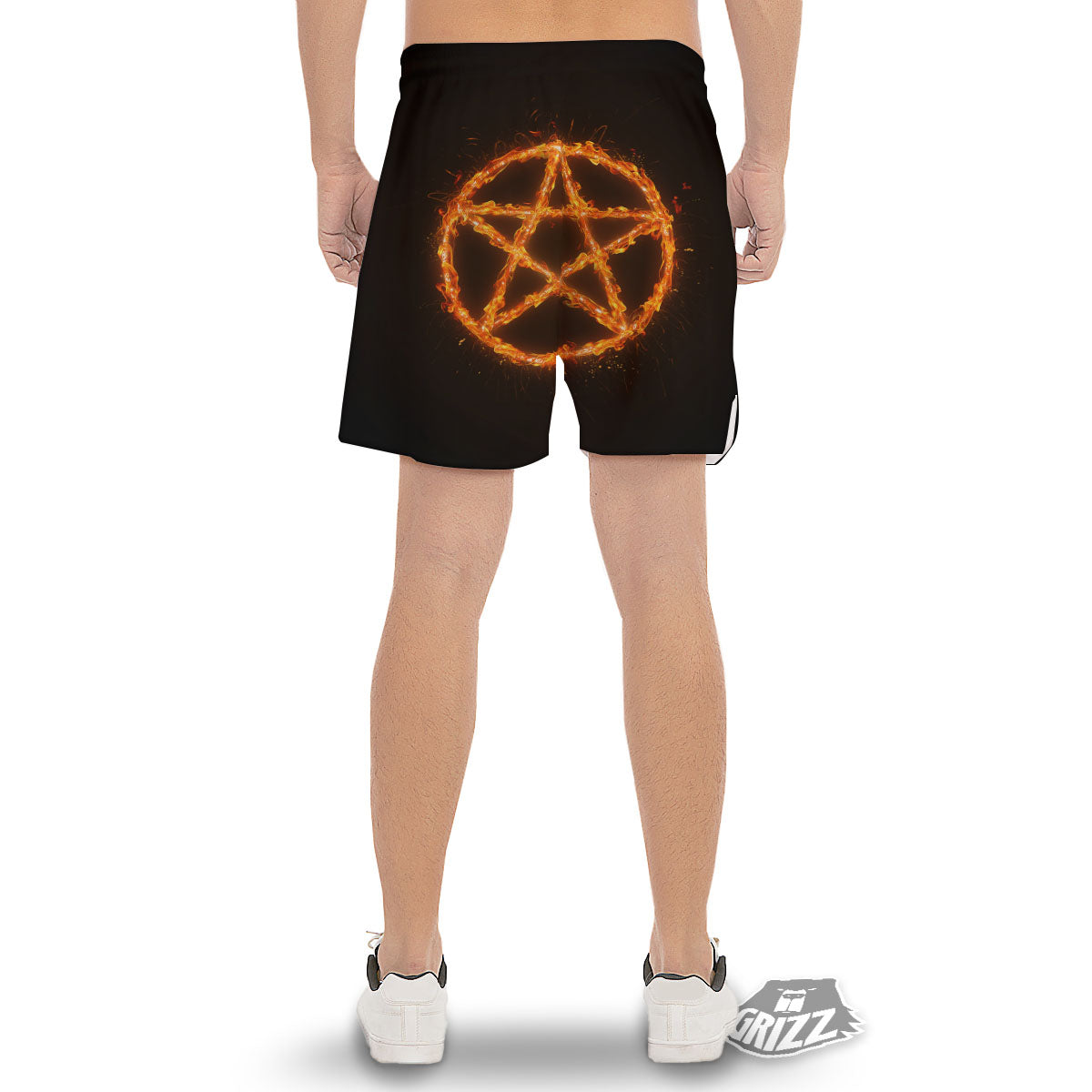 Pentagram Symbol Flaming Print Men's Gym Shorts-grizzshop
