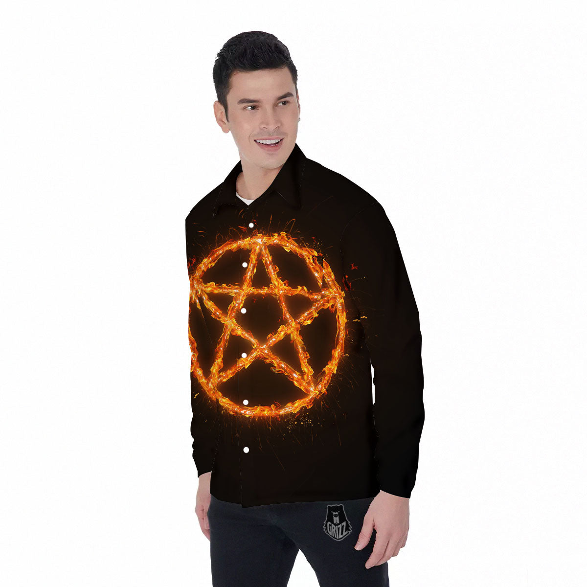 Pentagram Symbol Flaming Print Men's Long Sleeve Shirts-grizzshop