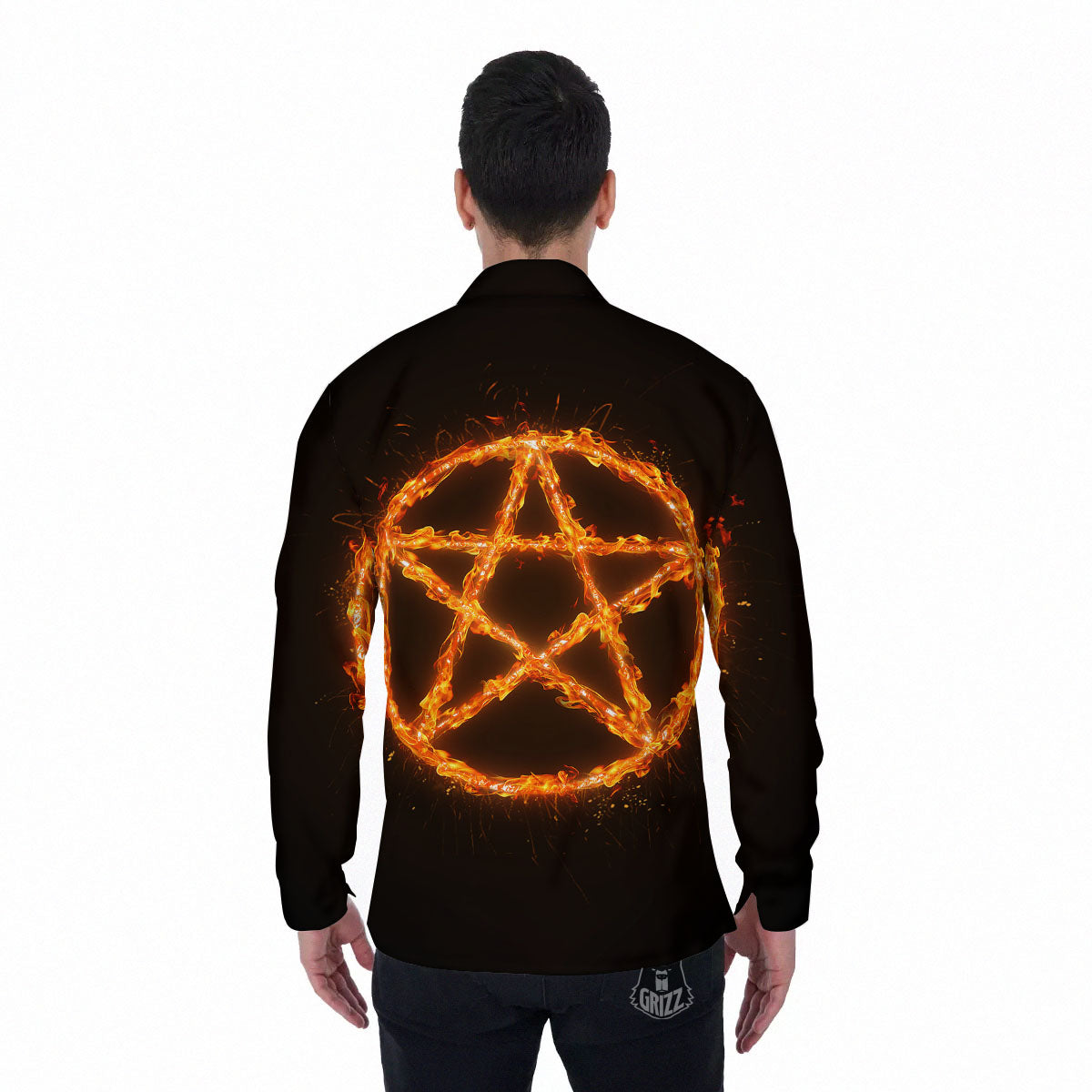Pentagram Symbol Flaming Print Men's Long Sleeve Shirts-grizzshop