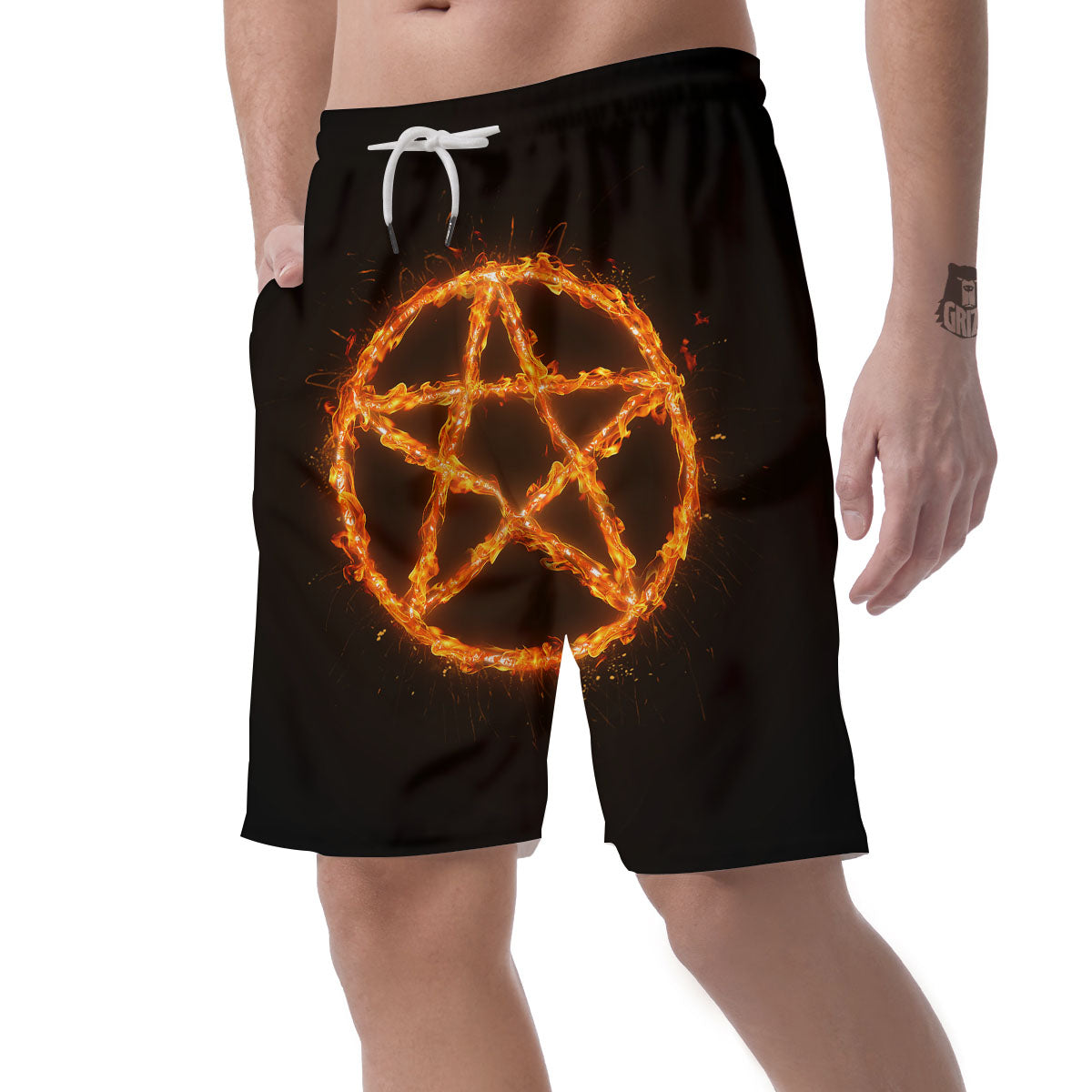 Pentagram Symbol Flaming Print Men's Shorts-grizzshop