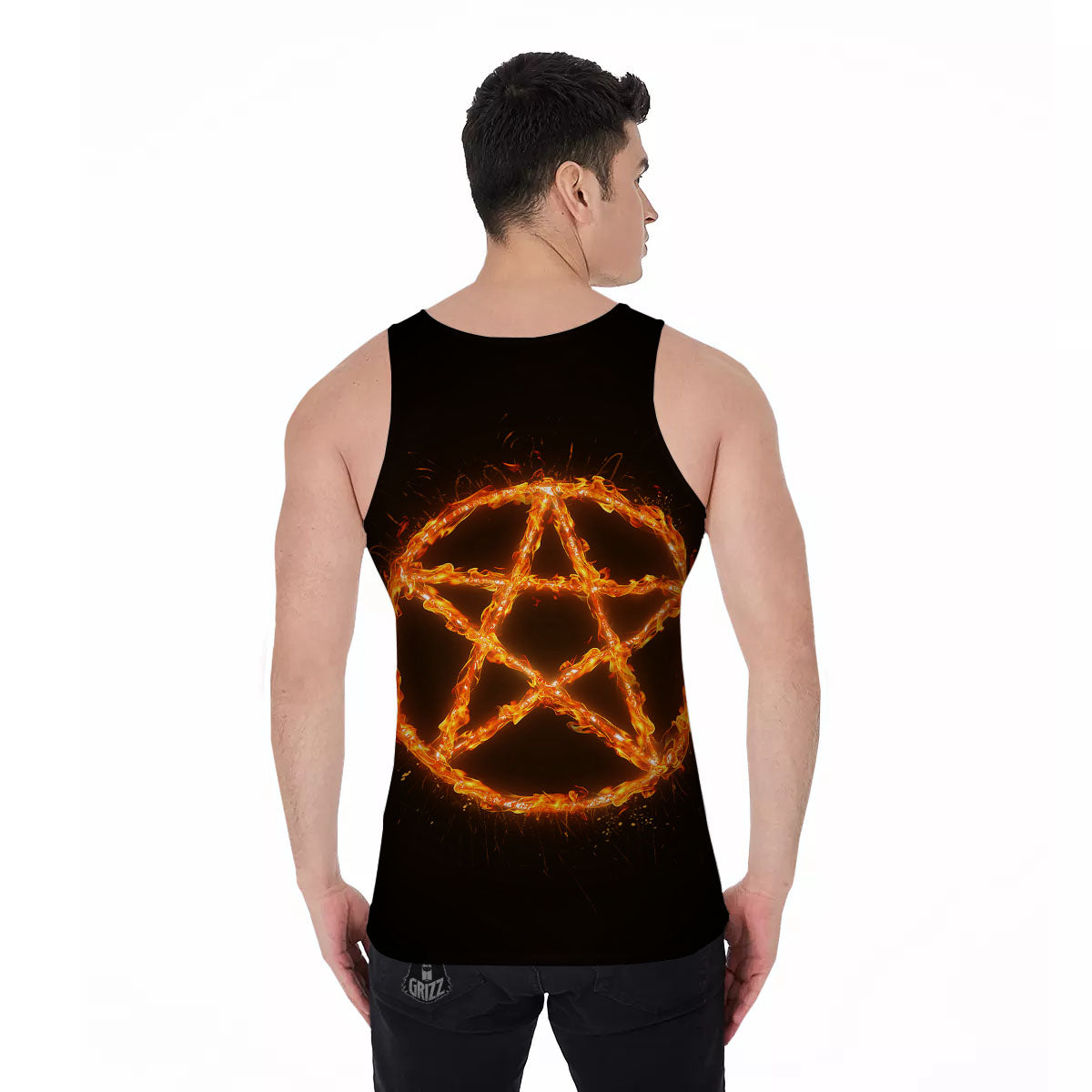 Pentagram Symbol Flaming Print Men's Tank Top-grizzshop