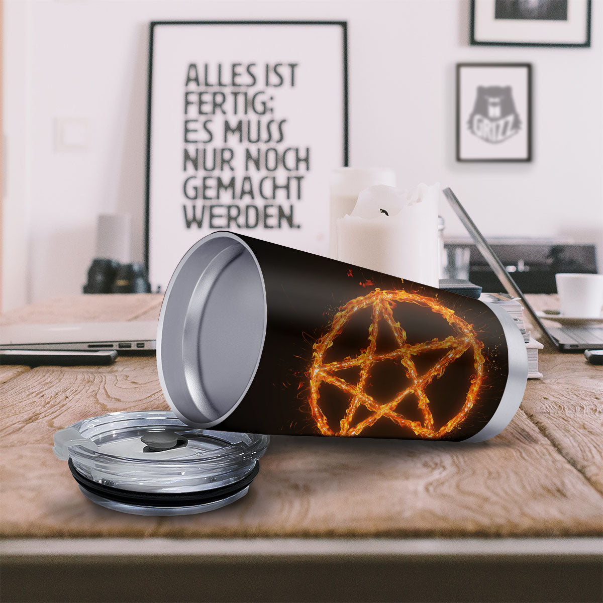 Pentagram Symbol Flaming Print Tumbler-grizzshop