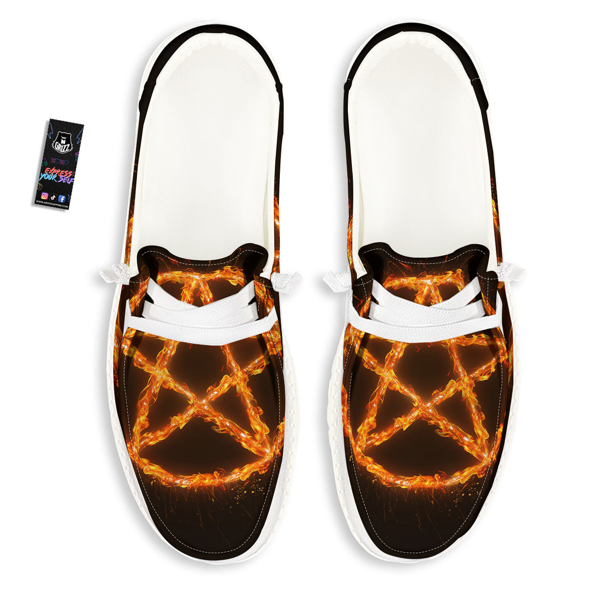 Pentagram Symbol Flaming Print White Loafers-grizzshop