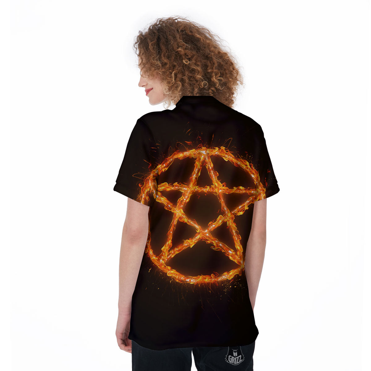 Pentagram Symbol Flaming Print Women's Golf Shirts-grizzshop