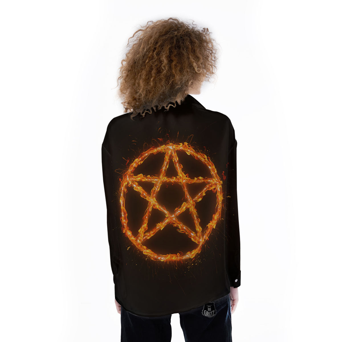 Pentagram Symbol Flaming Print Women's Long Sleeve Shirts-grizzshop