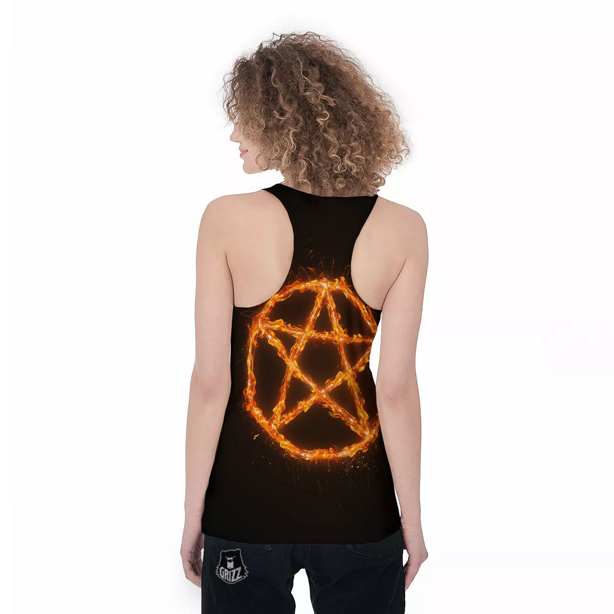 Pentagram Symbol Flaming Print Women's Racerback Tank Top-grizzshop