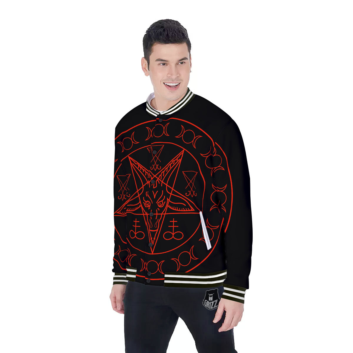Pentagram Symbol Red Satanic Print Baseball Jacket-grizzshop