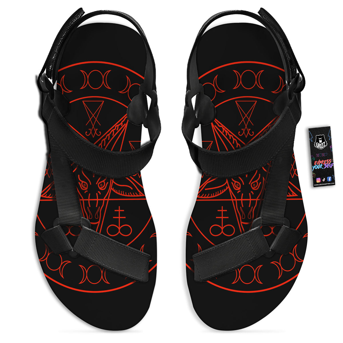 Pentagram Symbol Red Satanic Print Black Open Toe Sandals-grizzshop
