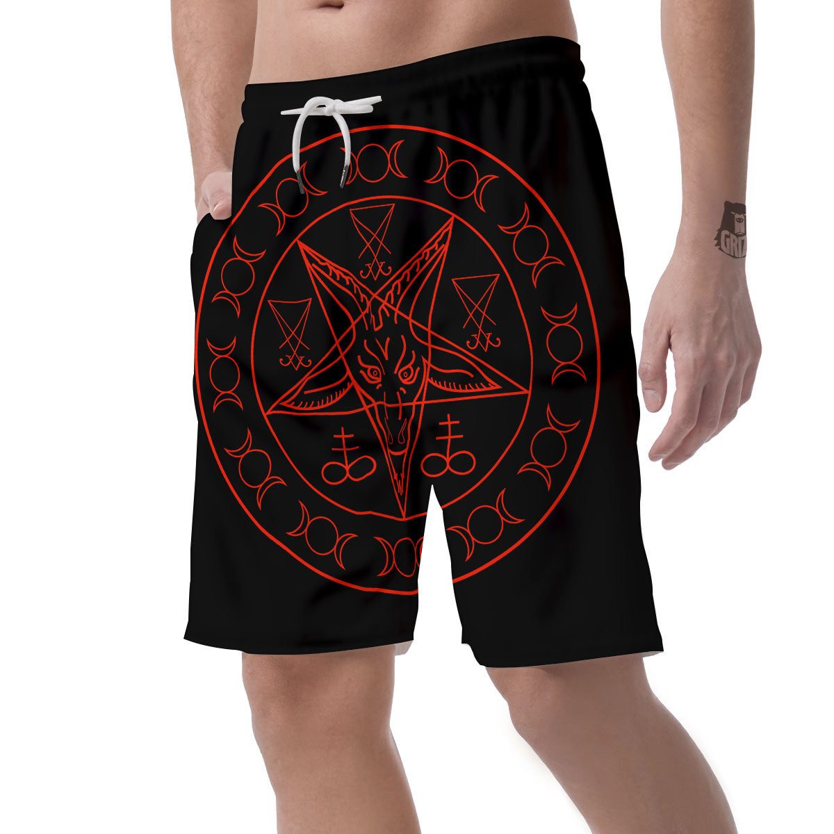 Pentagram Symbol Red Satanic Print Men's Shorts-grizzshop