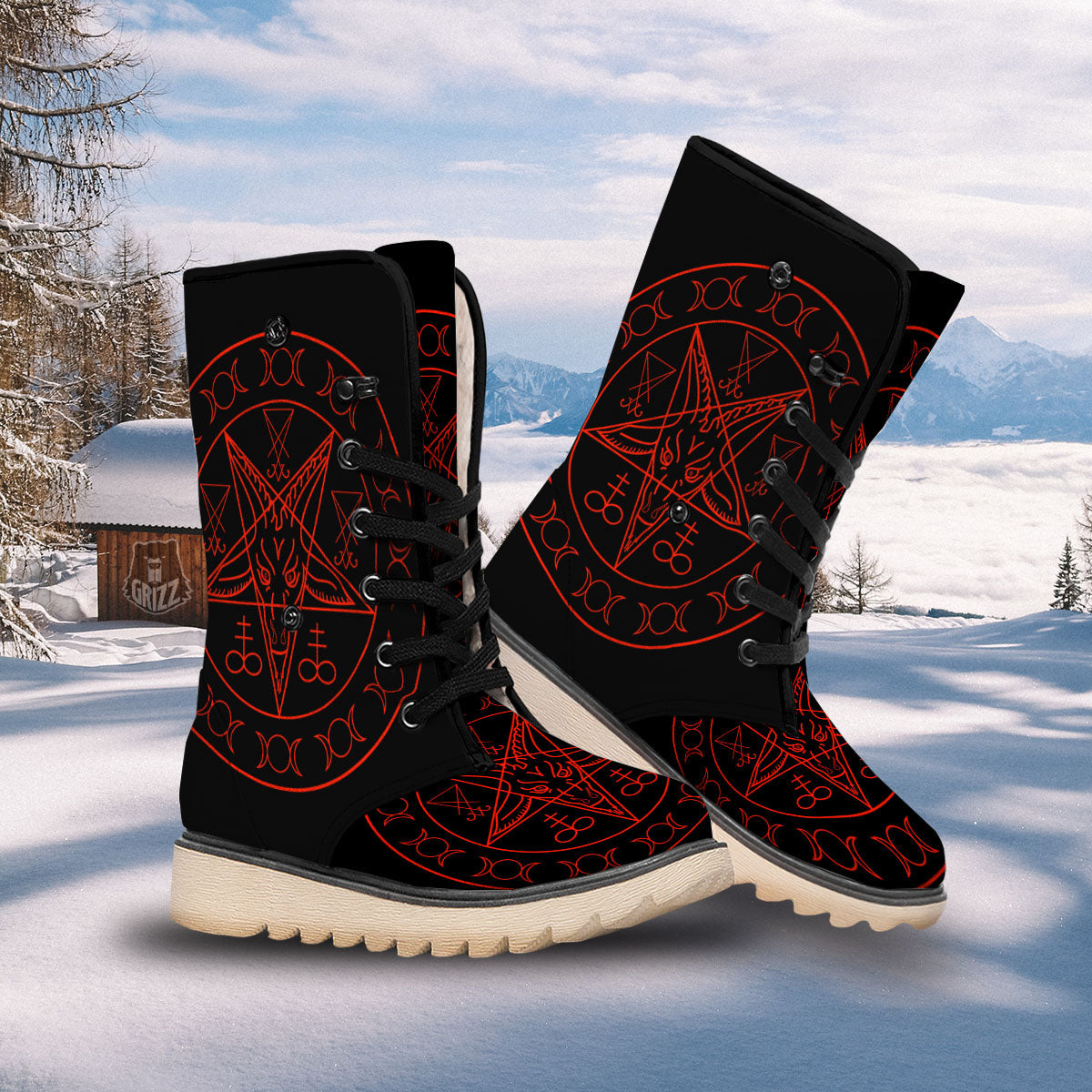 Pentagram Symbol Red Satanic Print Snow Boots-grizzshop