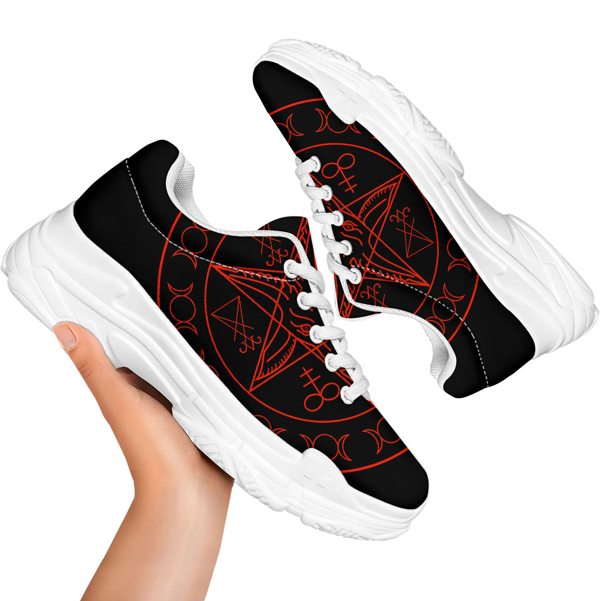 Pentagram Symbol Red Satanic Print White Chunky Shoes-grizzshop