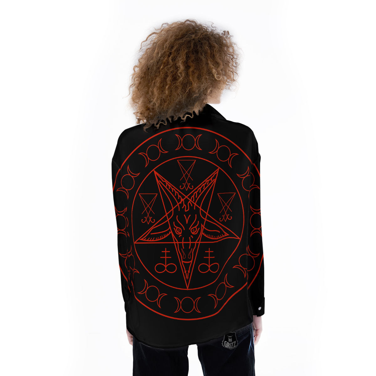 Pentagram Symbol Red Satanic Print Women's Long Sleeve Shirts-grizzshop