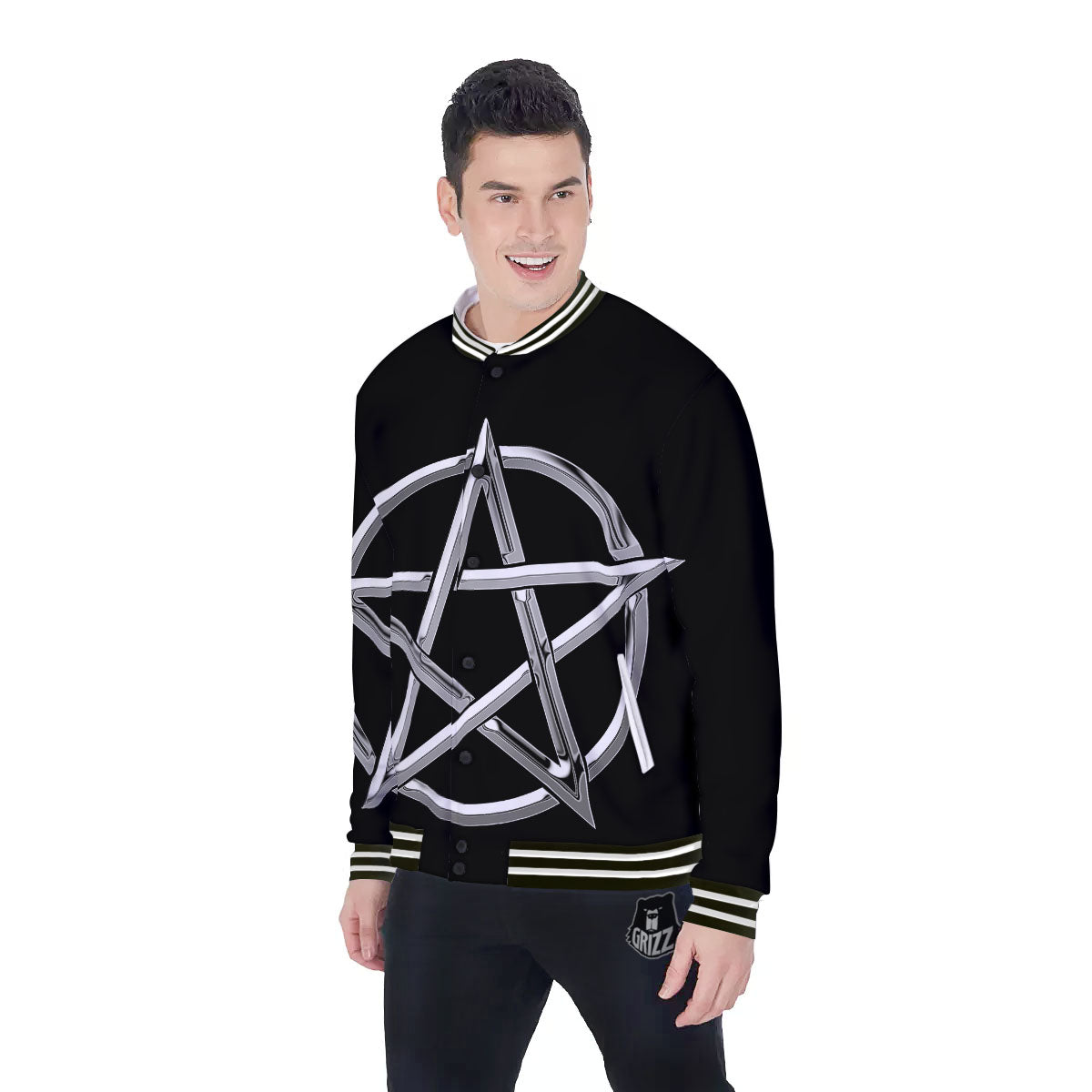 Pentagram Symbol White And Black Print Baseball Jacket-grizzshop