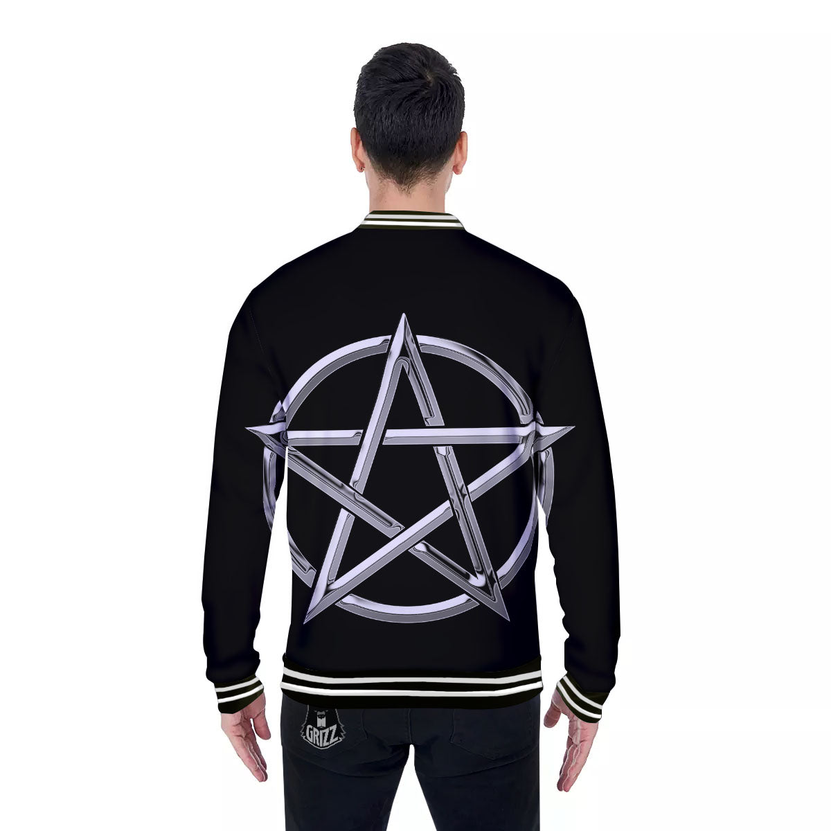 Pentagram Symbol White And Black Print Baseball Jacket-grizzshop