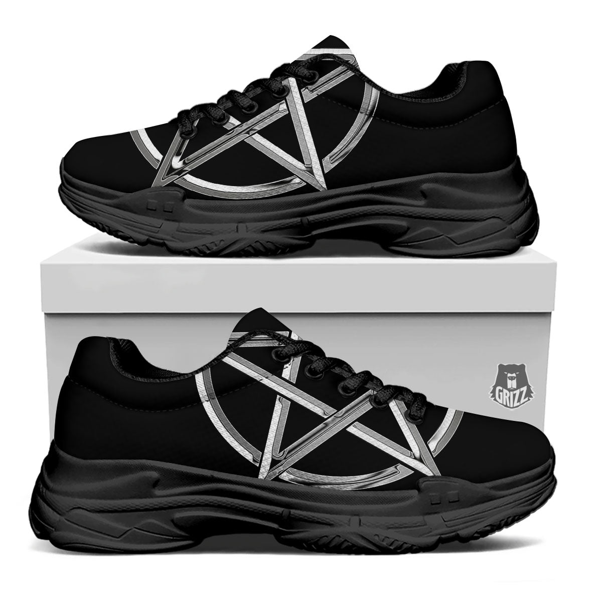 Pentagram Symbol White And Black Print Black Chunky Shoes-grizzshop