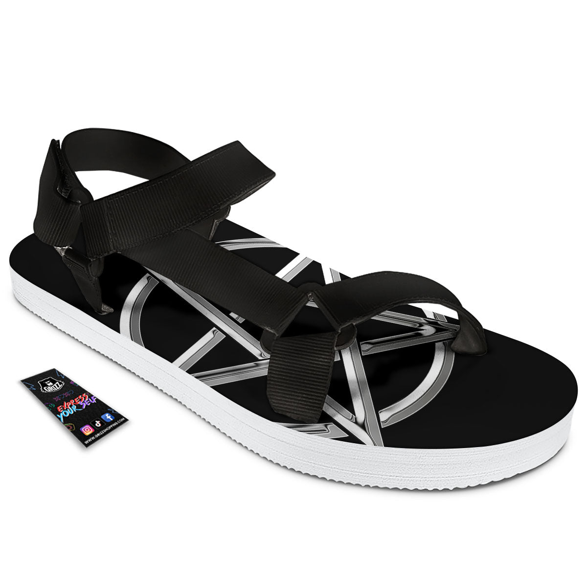 Pentagram Symbol White And Black Print Black Open Toe Sandals-grizzshop
