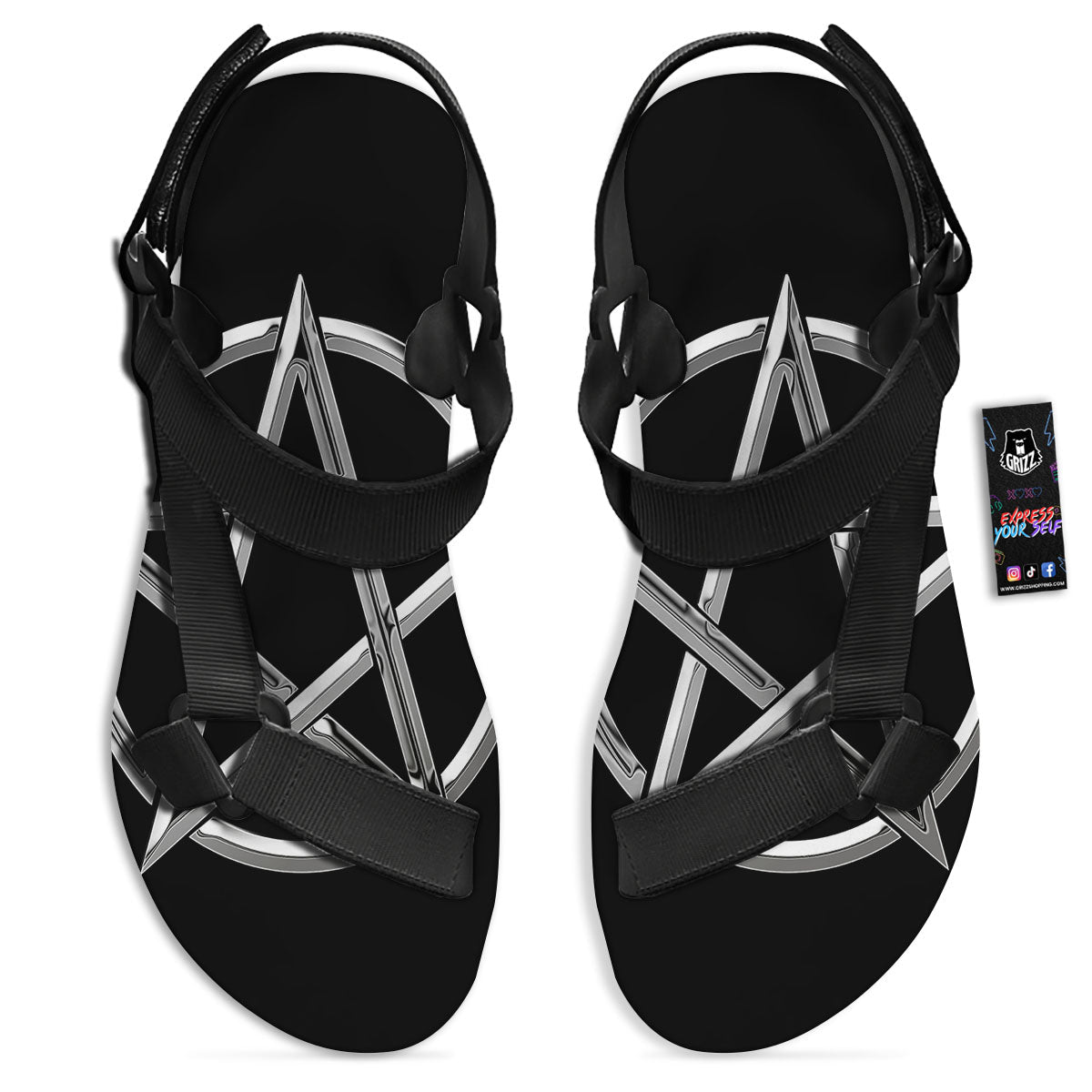 Pentagram Symbol White And Black Print Black Open Toe Sandals-grizzshop