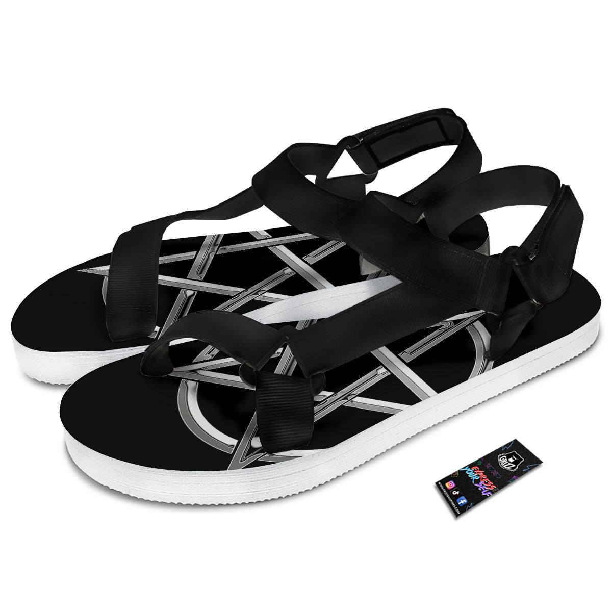 Pentagram Symbol White And Black Print Black Open Toe Sandals-grizzshop