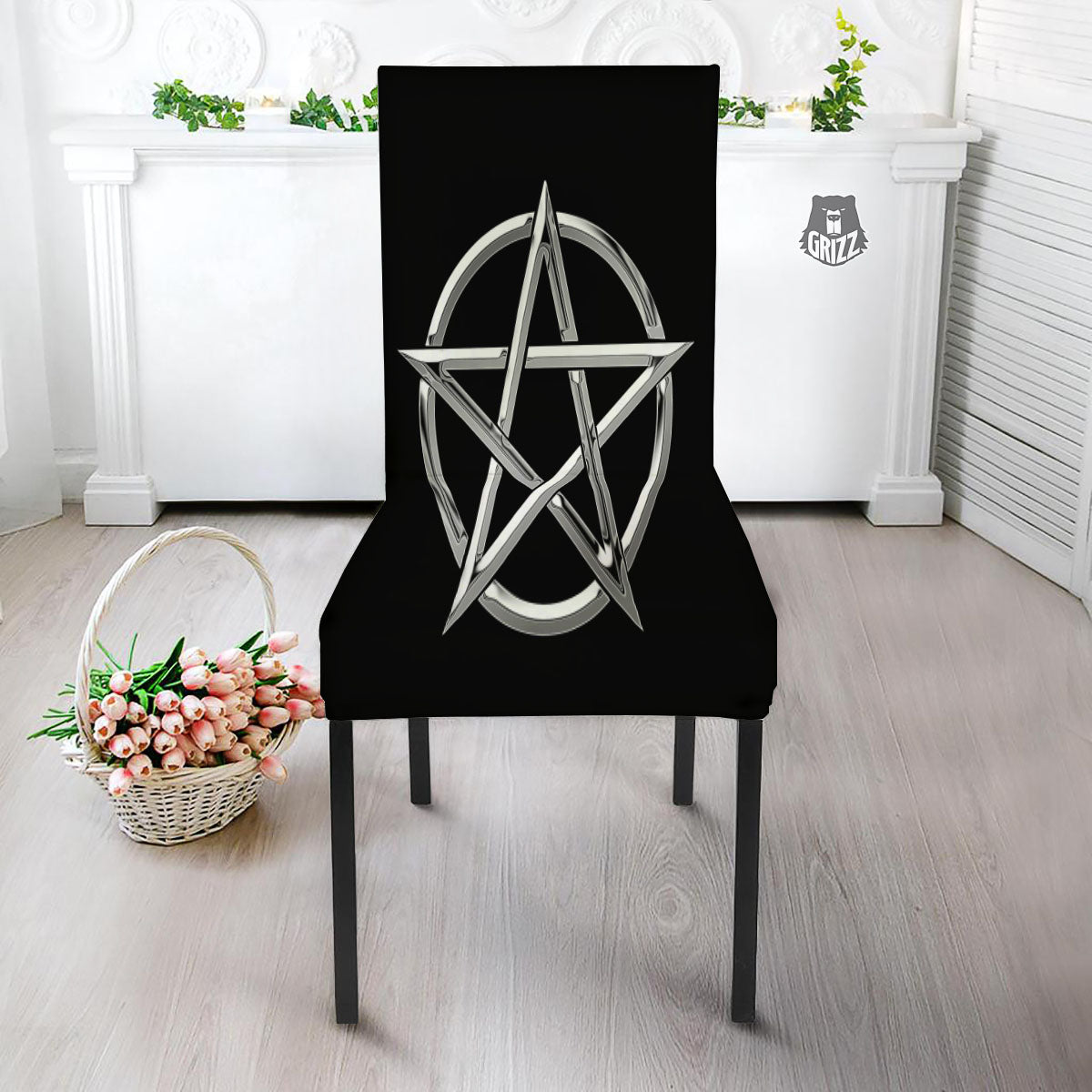 Pentagram Symbol White And Black Print Dining Chair Slipcover-grizzshop