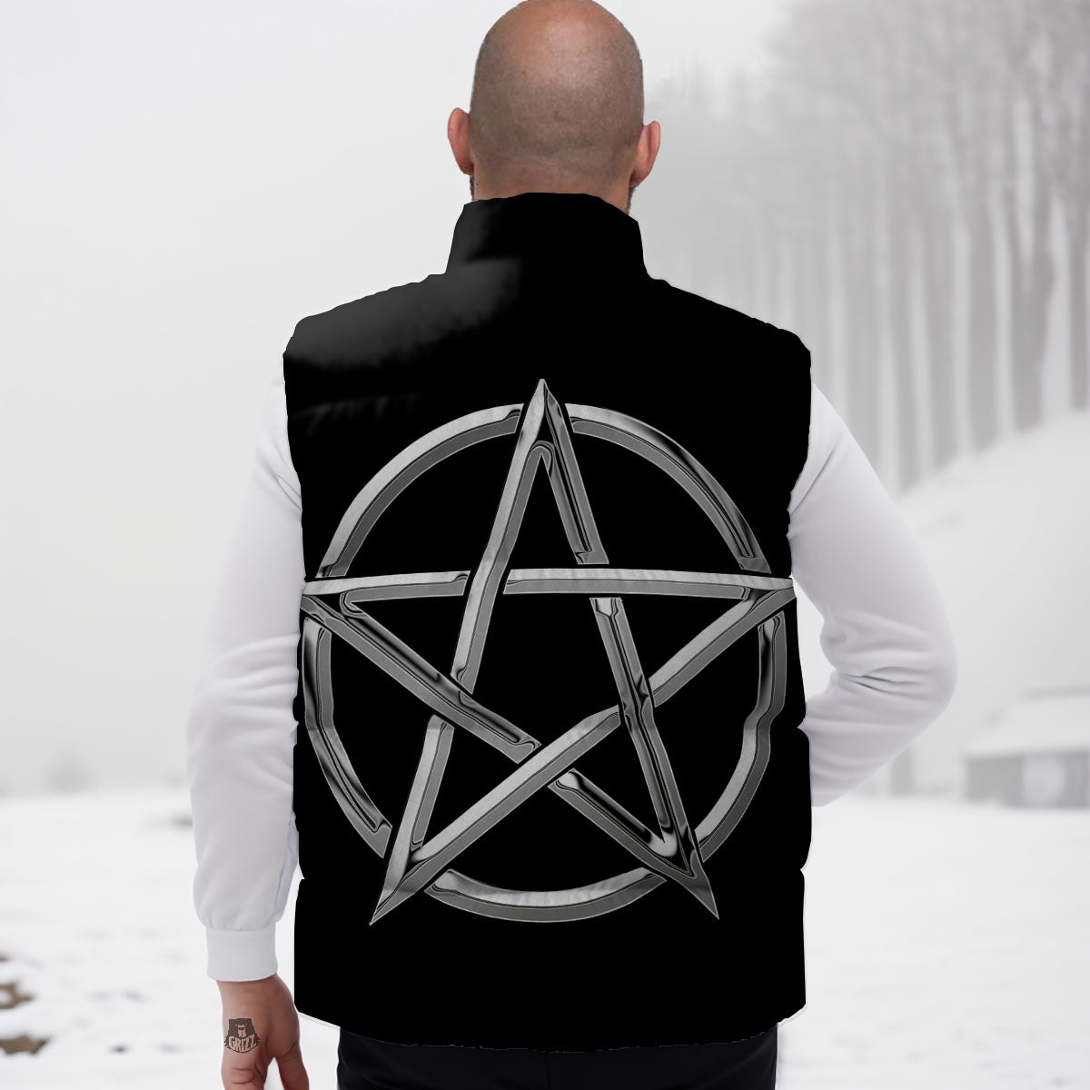 Pentagram Symbol White And Black Print Down Vest