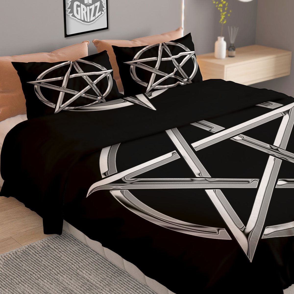 Pentagram Symbol White And Black Print Duvet Cover Bedding Set