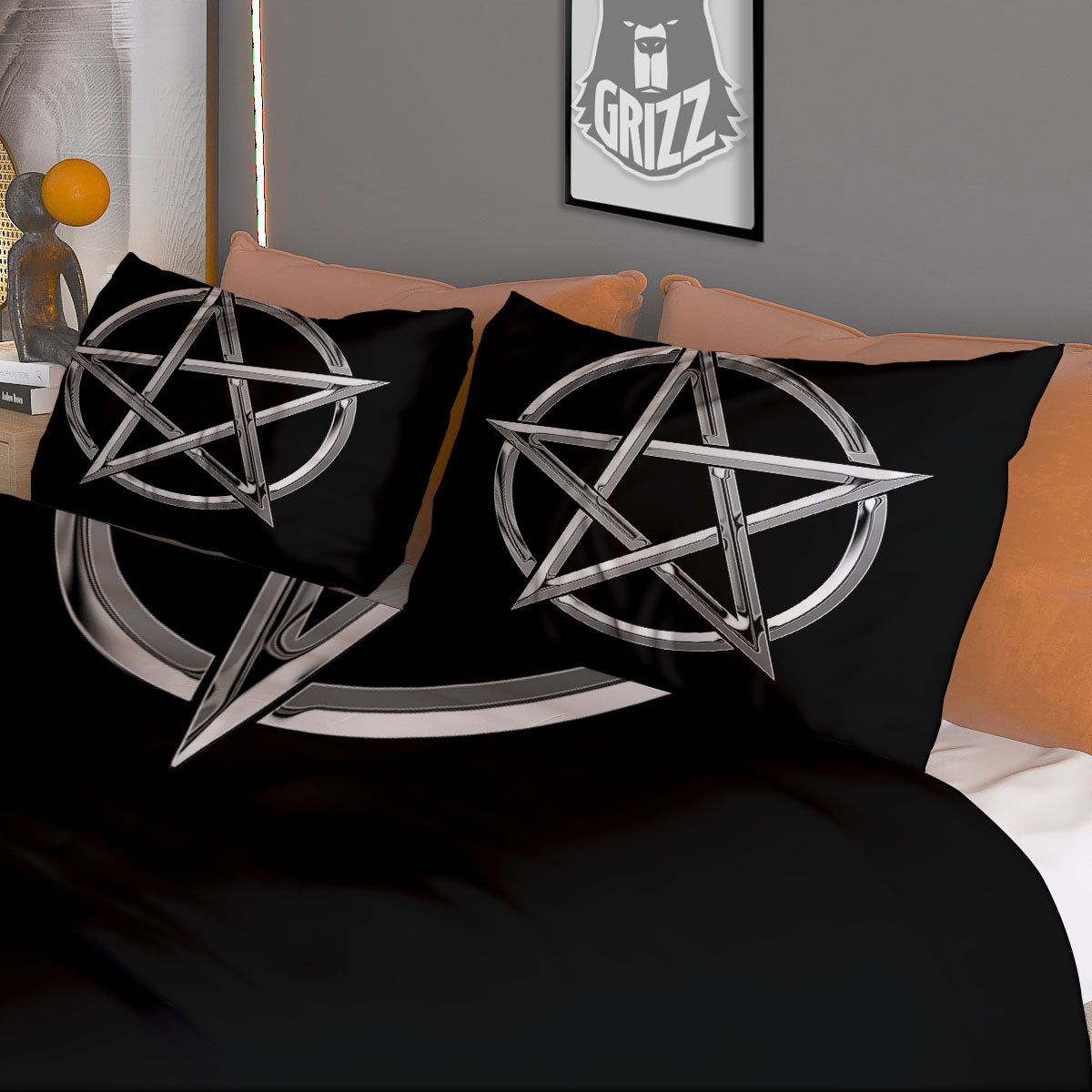 Pentagram Symbol White And Black Print Duvet Cover Bedding Set