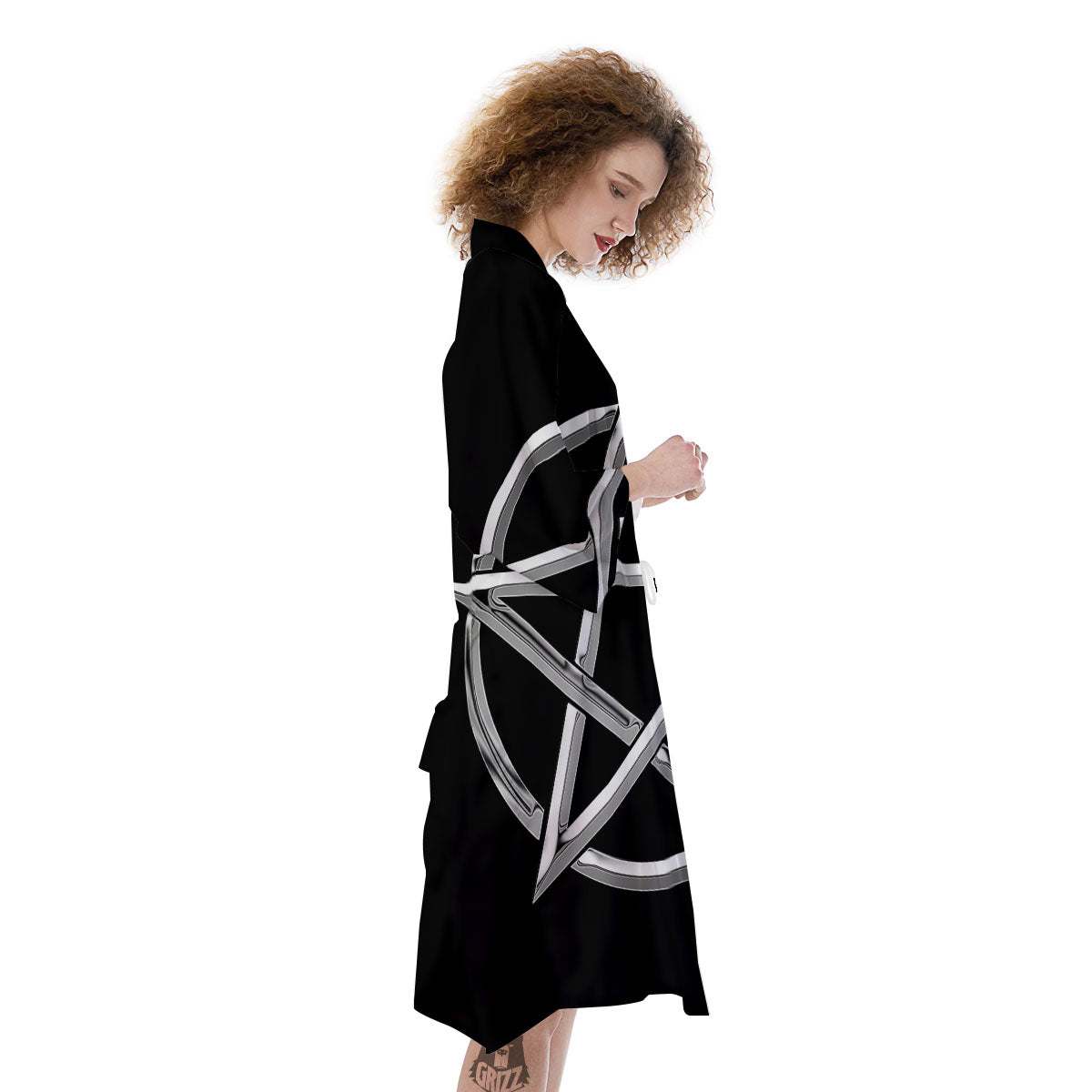 Pentagram Symbol White And Black Print Kimono-grizzshop