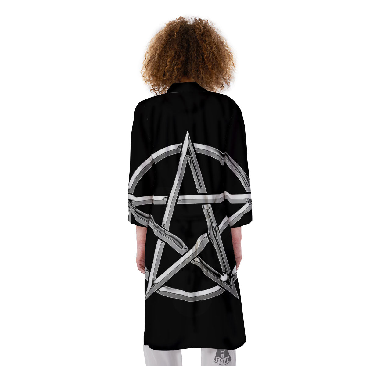 Pentagram Symbol White And Black Print Kimono-grizzshop
