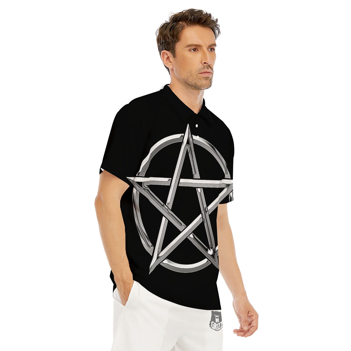 Pentagram Symbol White And Black Print Men's Golf Shirts-grizzshop