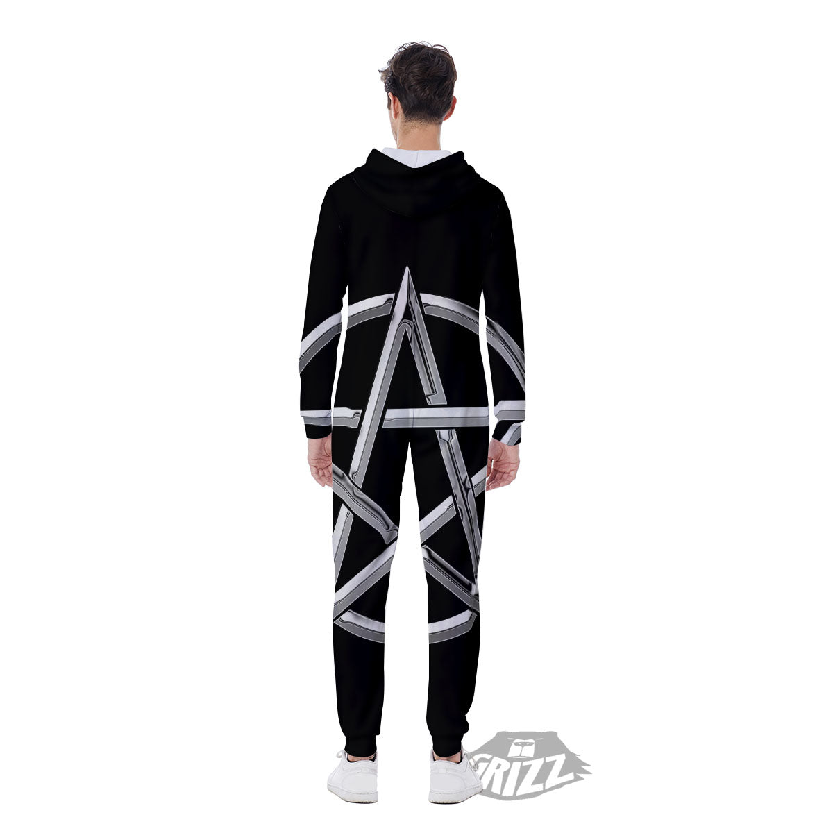 Pentagram Symbol White And Black Print Men's Jumpsuit-grizzshop