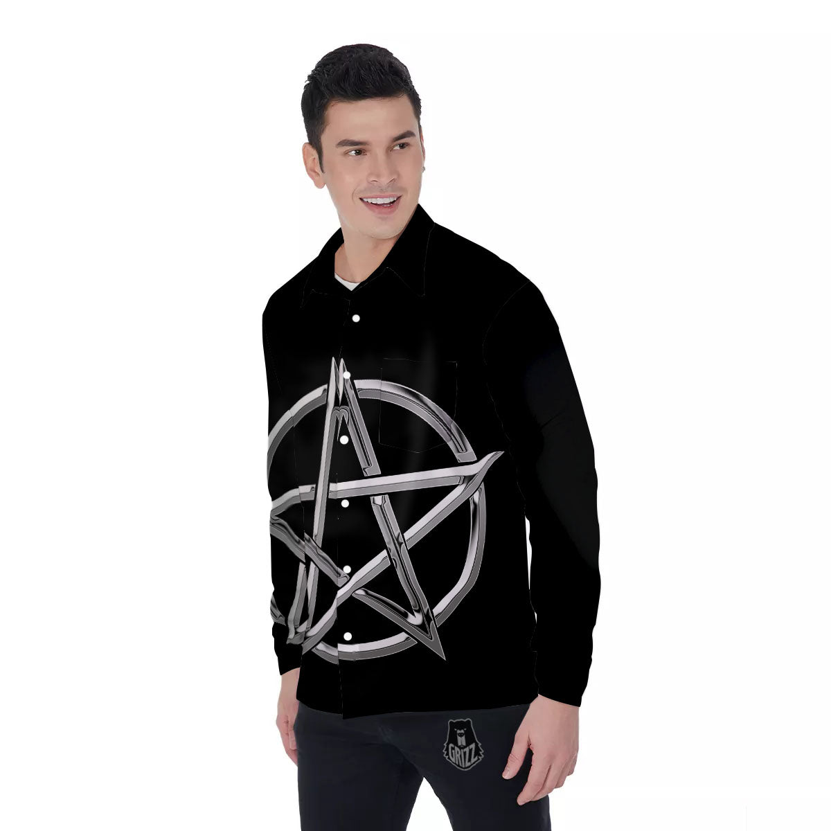 Pentagram Symbol White And Black Print Men's Long Sleeve Shirts-grizzshop