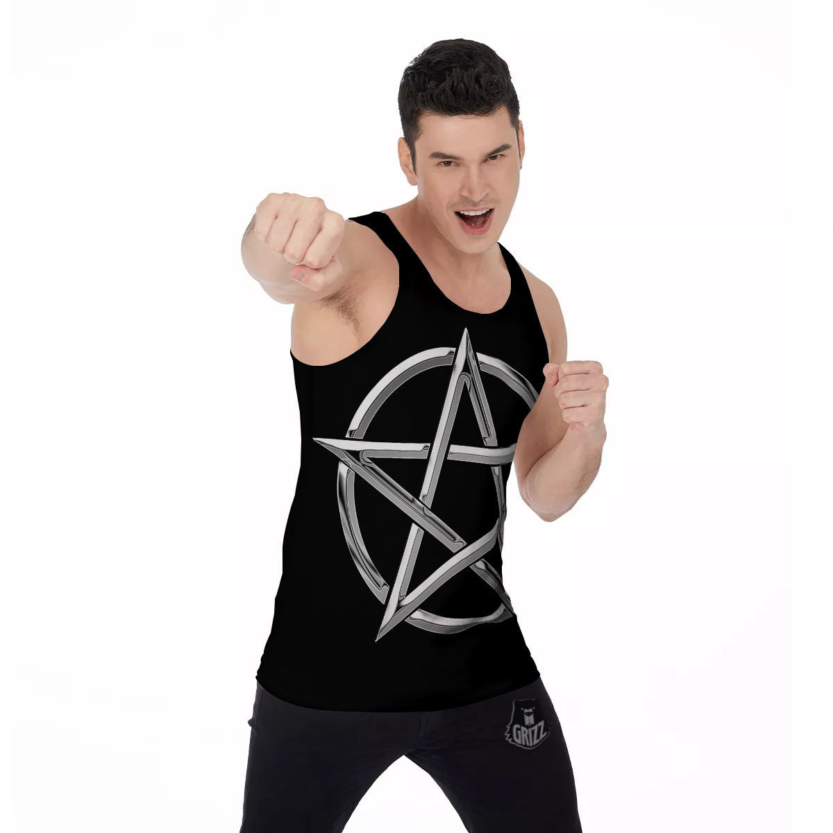 Pentagram Symbol White And Black Print Men's Tank Top-grizzshop