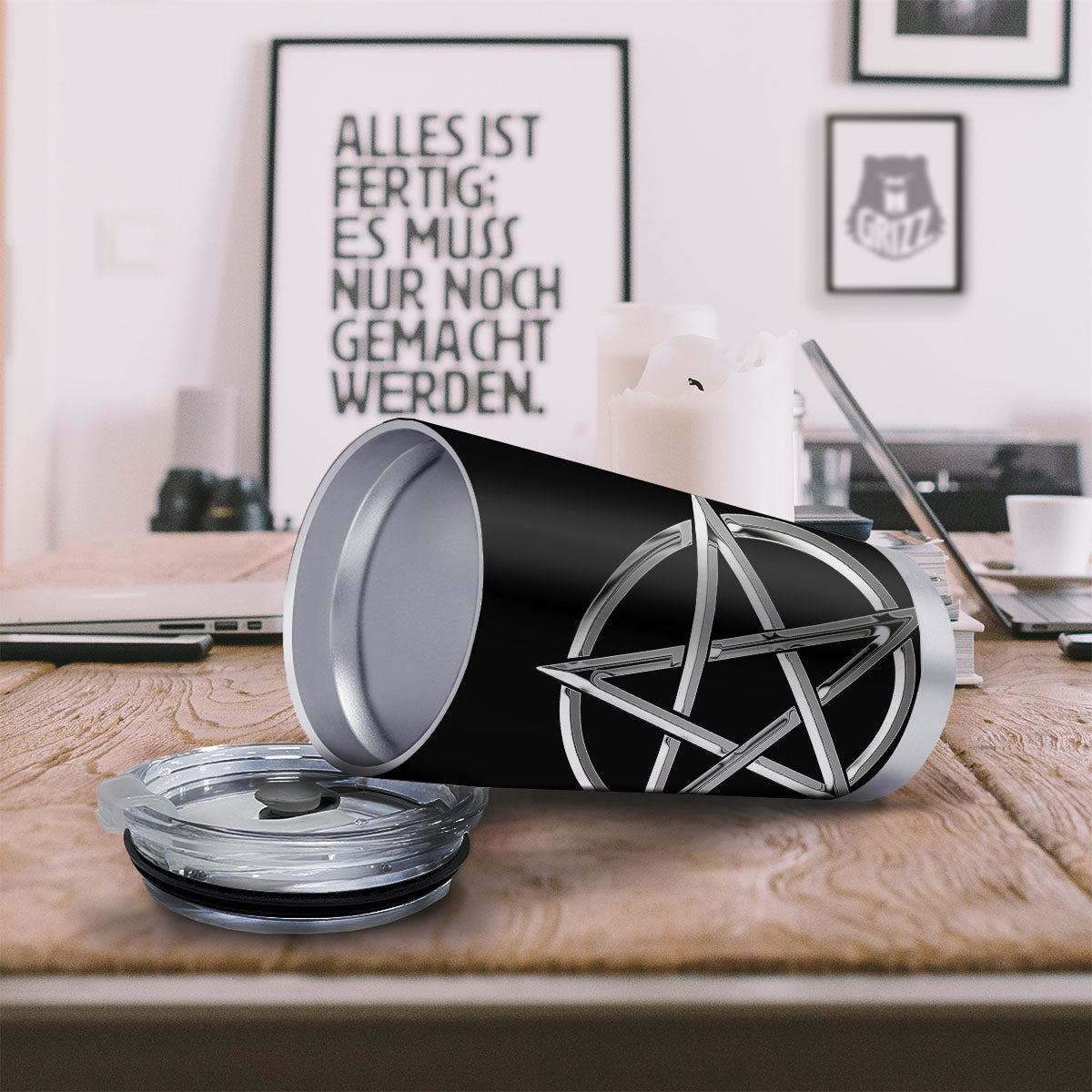Pentagram Symbol White And Black Print Tumbler-grizzshop