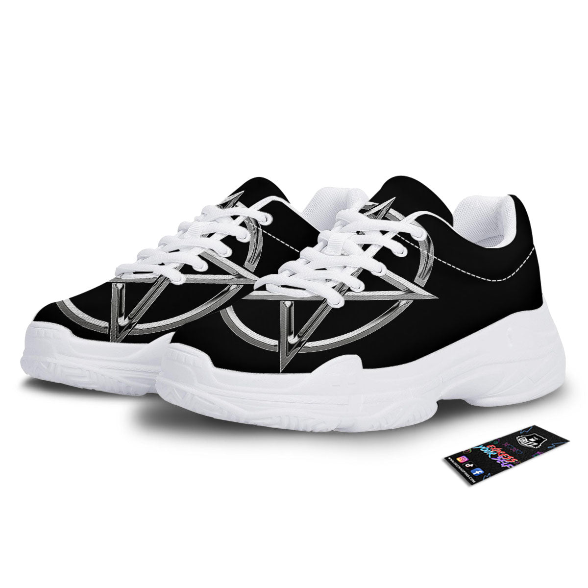 Pentagram Symbol White And Black Print White Chunky Shoes-grizzshop